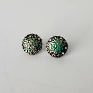 Boho Antique Metal Brass Turquoise and Rhinestones Button Stud Earrings
